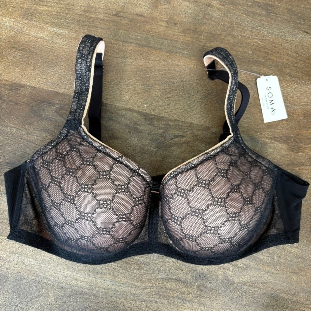 NWT SOMA Stunning Support Underwire Bra Size 36C Black Balconette